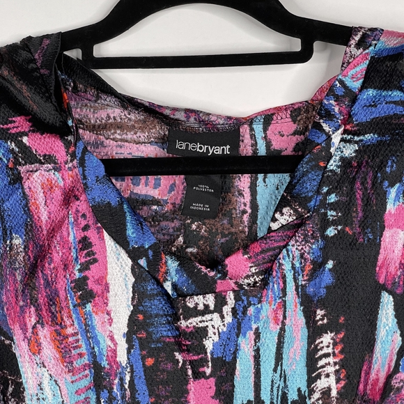 2/$30 Lane Bryant Abstract Watercolor Tunic Blouse 14 Black Multi Gathered #7167 - Picture 3 of 14